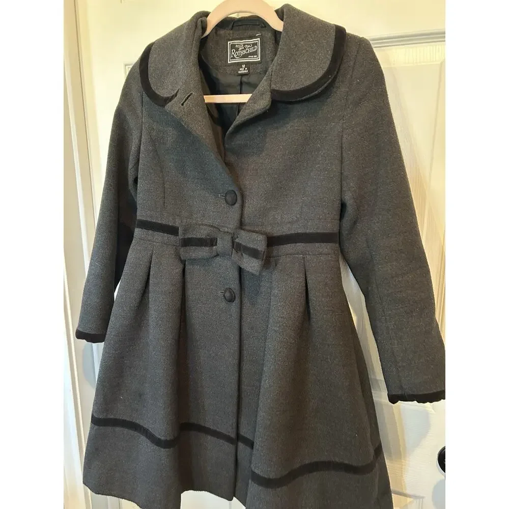 Rothschild Vintage Girls 12 Gray Princess Coat Black Velvet Trim Holiday Party